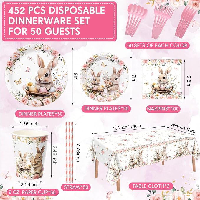 452 Pcs Bunny Birthday Party Decorations for 50 Guests, Pink Floral Bunny Paper Plates and Napkins Cups Cutlery Rabbit Disposable Tableware Set for Spring Baby Shower Birthday Supplies