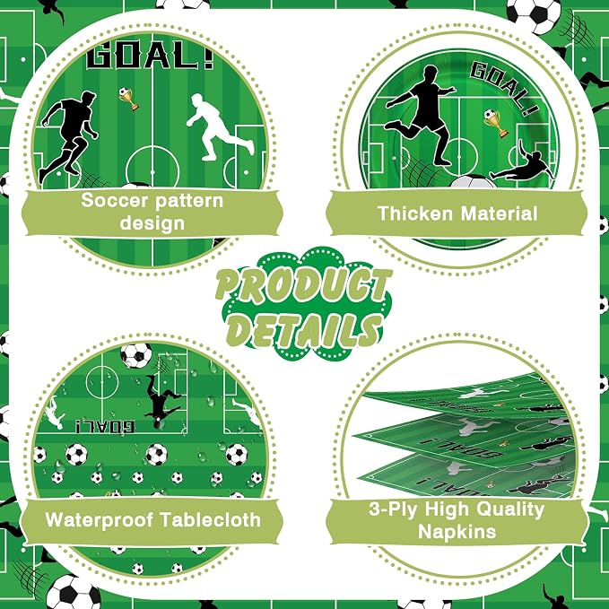 Cecnamt Soccer Birthday Decorations, 170 Pcs Soccer Party Decorations Including Banner, Plates, Cups, Napkins, Cutlery, Straws and Tablecloths, Serves 24