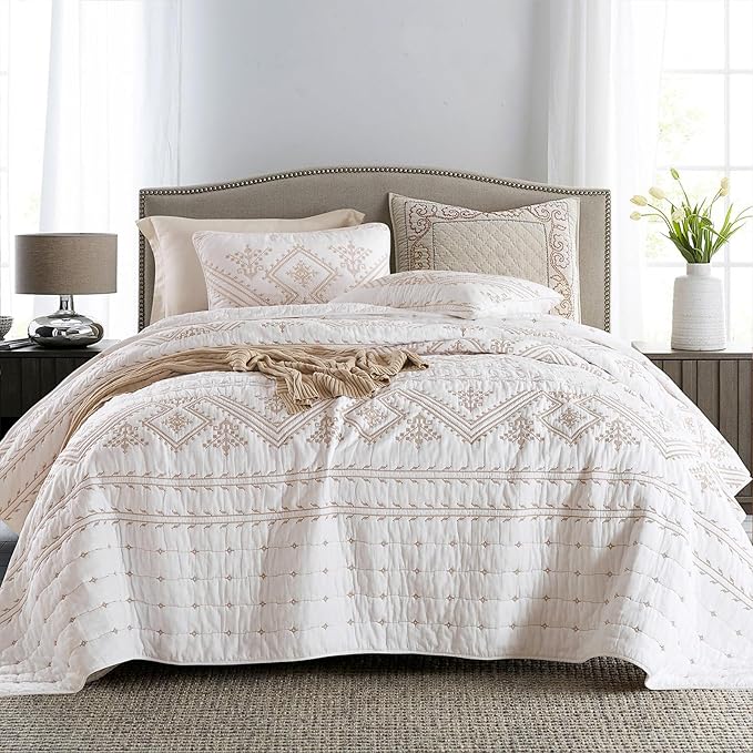 mixinni 3 Pieces Queen Size Comforter Set Gold Embroidery Pattern Printed Soft Cotton White Quilt Set-Queen Size