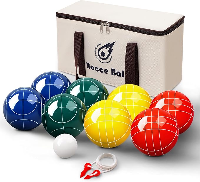 Bocce Ball Set 90mm (Regulation Size & Weight), 8 Resin Bochi Balls, Includes Pallino, Carrying Bag & Measuring Rope, Outdoor Sports Game for Family Backyard, Lawn, Cour t& Beach (2-8 Players)