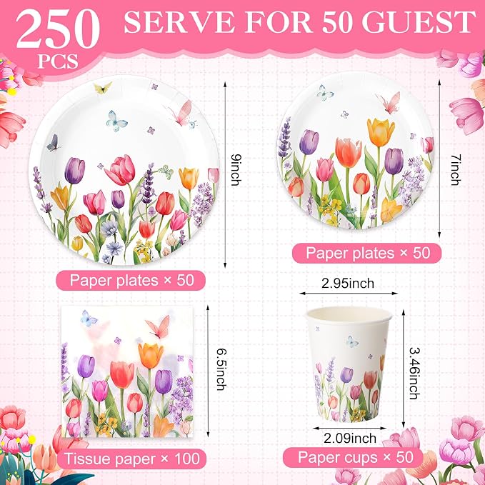 Ziliny 250 Pcs Floral Party Decorations Include Lavender Tulip Butterfly Paper Plates Napkins and Cups for Easter Summer Spring Wildflower Baby Shower Tea Decorations, Serve 50 Guest