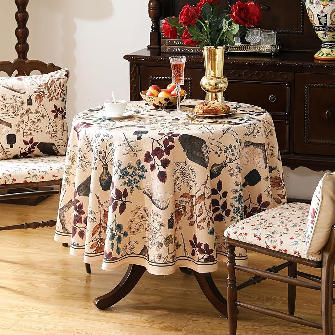 ISAENNE Designer French Linen Round Tablecloth,Diameter 67"-Xipeia | Vintage Elegant Beautiful Durable Printed Table Cloth,Floral Pattern,Decoration,Heavyweight,Dining,Kitchen,Thanksgiving