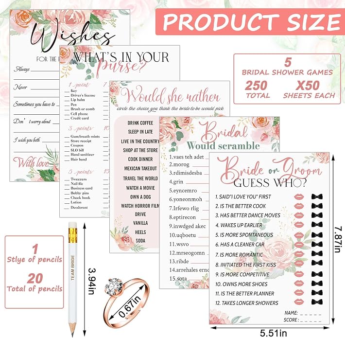 Sosation 331 Pcs Bridal Shower Games Supplies, 5 Sets (50 Cards Each) Wedding Games Cards, 1 Put a Ring on It Bridal Shower Game with 60 Rings and 20 Team Pencils for Wedding Engagement