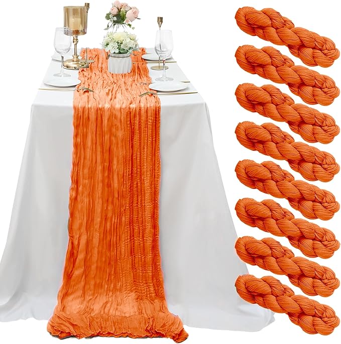 8 Pack Orange Cheesecloth Table Runner 10Ft Gauze Cheese Cloth Table Runner 35x120Inch Boho Table Runners for Wedding Banquet Event Anniversary Bridal Baby Shower Birthday Party Engagement Table Décor