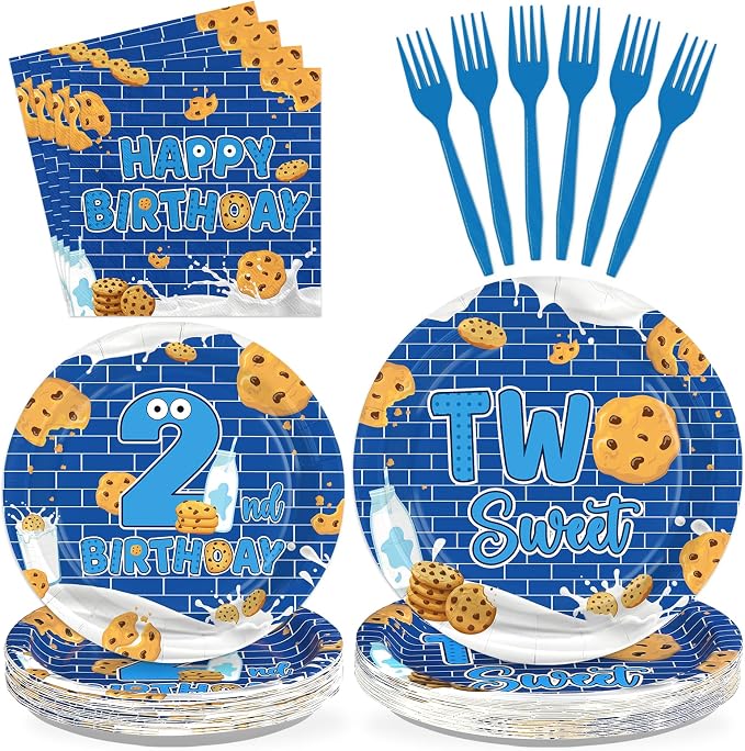 96 Pcs Milk and Cookies 2nd Birthday Party Supplies Dark Blue Cookies Plates and Napkins Two Sweet Cookie Tableware Set for Boys Girls Sweet Cookie 2nd Birthday Party Supplies, Serves 24
