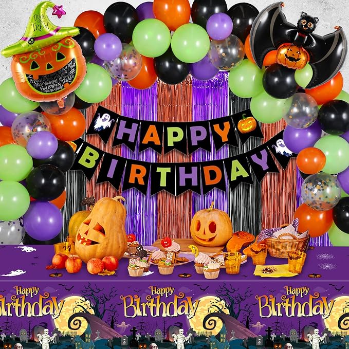 Halloween Birthday Party Decorations, 102 Pcs Halloween Happy Birthday Banner, Confetti Pumpkin Cat Bat Balloon Arch Foil Fringe Curtain and Tablecloth for Kids Party Supplies
