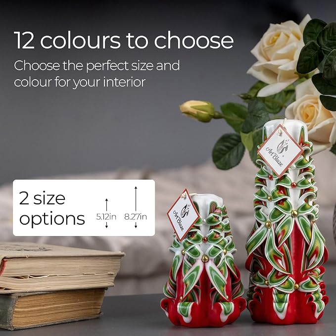 Carved Candles - Handmade Decorative Large Candle – Tall Long Burning Cute Spiral Candles for Women – Table Candle for Home Decor, Cozy Cottage Core Gift - Christmas Gift for Mom - Green&red