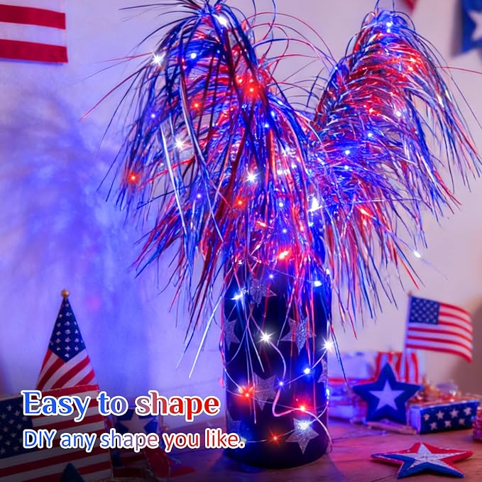 QITONG 4th of July Fairy Lights Battery Operated, 4 Pack Each 16ft 50 LED Patriotic Lights Outdoor Waterproof, Silver Wire Christmas Twinkle Mini Lights for Memorial Independence(Red White and Blue)