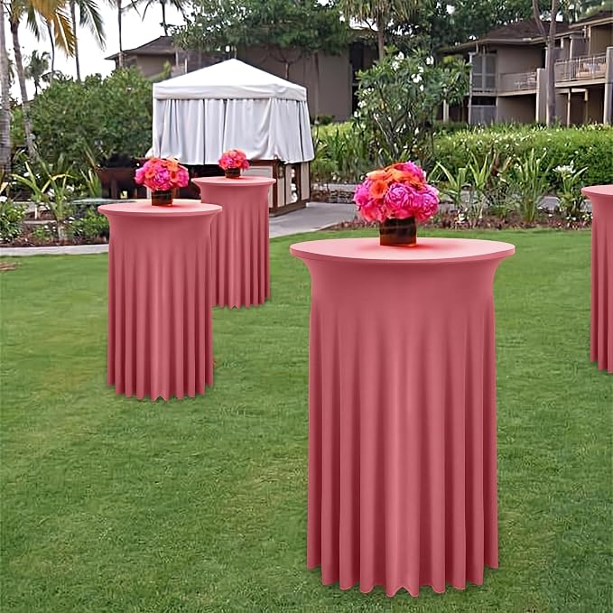 6 Pack Round High Top Cocktail Table Cloth Dusty Rose 32×43 Inch, Wrinkle Free Stretch Spandex Highboy Blush Cocktail Tablecloths Table Cover with Skirt for Party Banquet Birthday Bar