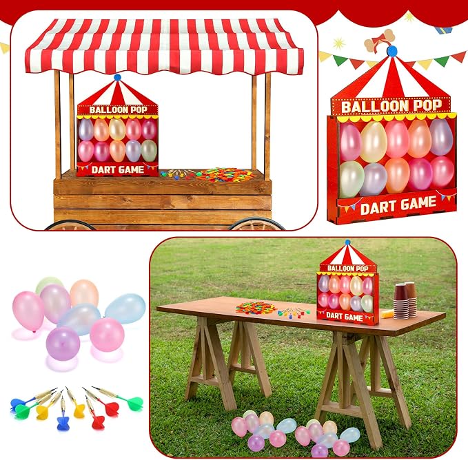 Seenelling Balloon Dart Carnival Game Set Carnival Themed Wooden Box with 500 Balloon 8 Colorful Darts Adhesive Dots for Booth Game Birthday Party Backyard Lawn Event 16.5'' x 12.5'' x 4.5''