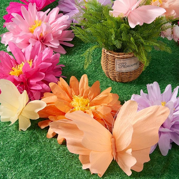 SUNBEAUTY 12 PCS Giant Paper Flowers Large Butterfly Party Decorations Pink Orange Large Tissue Paper Flower for Wall Hanging Butterflies for Birthday Spring Garden Wedding Backdrop Bridal Shower