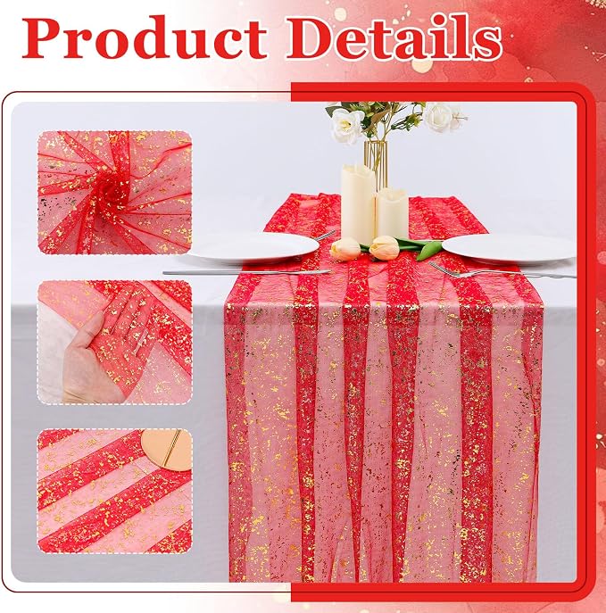 BINBE 3PCS Red Table Runner 10Ft Sheer Chiffon Fabric Cheesecloth Sequin Glitter Table Runner for Wedding Birthday Party Decor