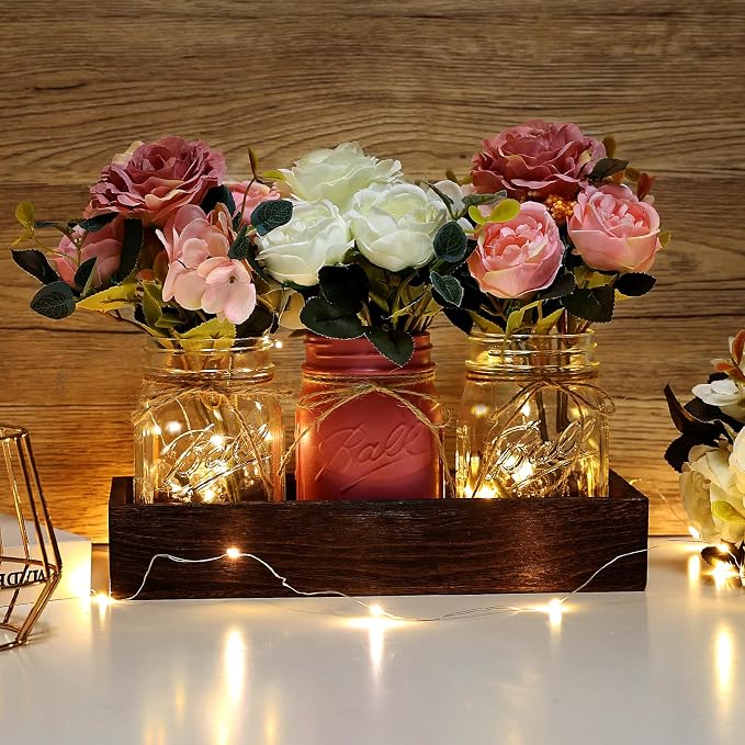 Mason Jar Centerpiece Pink White Kitchen Table Decor with Lights | 3 Piece Farmhouse Coffee Table Decor with Fake Flowers Wood Tray for Living Dining Room Bathroom Wedding Outdoor Decoration