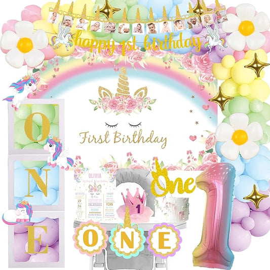 Unicorn 1st Birthday Decorations - Girl's First Birthday Party Pack with Backdrop, Balloon Garland, Banner, Box Cutout, Cake Topper, Crown & Poster
