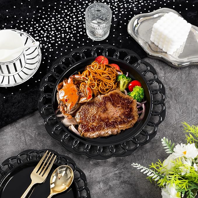 COLOSUS 60pcs Black Plastic Plates Set,Fancy Baroque Plates,Elegant Lace Rim Disposable Plates,Plastic Plate for Party include 30 Dinner plates and 30 Dessert plates for New Year,Party,Wedding