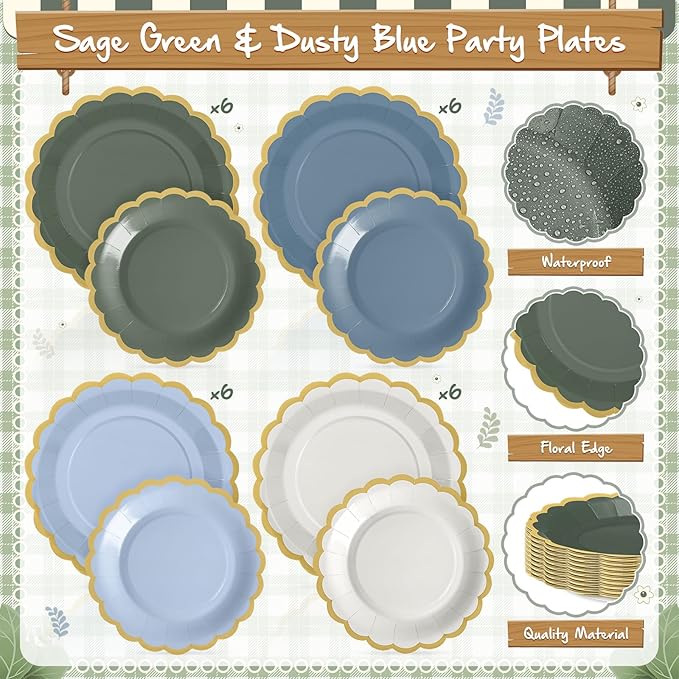 Mimorou 169 Pcs Blue and Sage Green Plates and Napkins Party Supplies for Guests Dusty Blue Tableware Include Scalloped Plates Paper Napkin Cup Spoon Fork Knife for Baby Shower, Wedding, Birthday