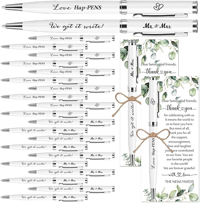 Affrolling 25 Sets Wedding Favors for Guests Bulk Retractable Ballpoint Pen Thank You Cards with Bridal Shower Gift for Guest Wedding Souvenirs Newlyweds Party Supplies (Leaf Style,Hemp Rope)