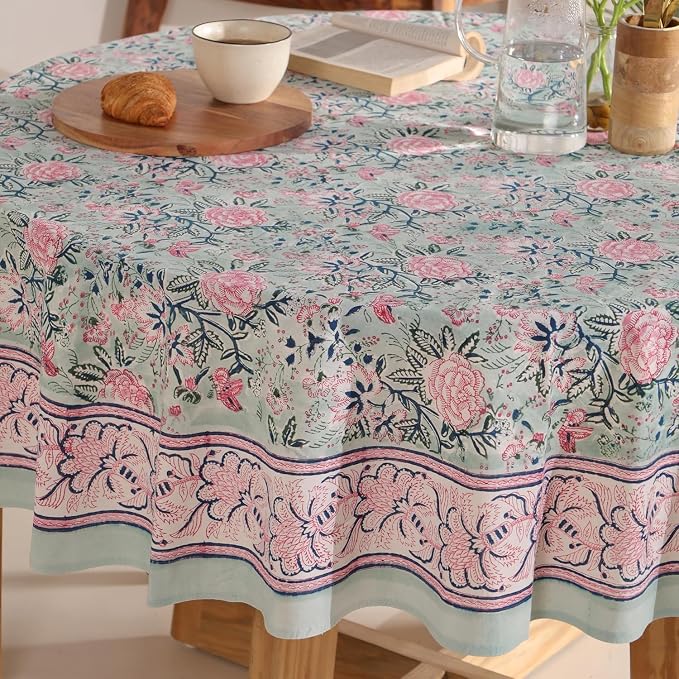 Hand Block Printed Tablecloth – Colorful Floral Print | 100% Cotton | Indian Artisan Handmade Art | Dining Room, Kitchen, Outdoor Décor, (Mint Green, 8 Seater 90 Inches Round)