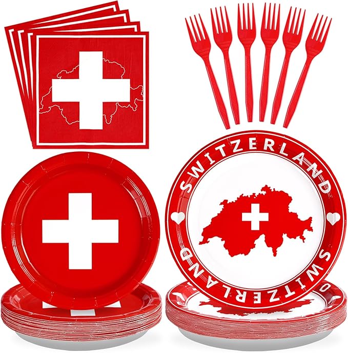 Grencian 96Pcs Switzerland Party Supplies Swiss Flag Plates and Napkins Disposable Switzerland Paper Plates Swiss National Day Decorations Tableware Kit for Football Events Travel, Cultural