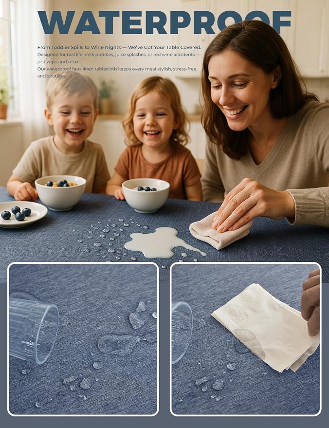 Decorelia Faux Linen Farmhouse Table Cloth 60"x104" for 6 ft Rectangle Table, Denim Blue Waterproof Outdoor Washable Cloth Tablecloth for Rectangular Dining Room Kitchen Outdoor Party Restaurant Decor