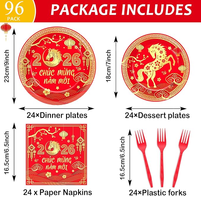 96Pcs Vietnamese New Year Party Decorations Vietnamese Horse Themed New Year Plates and Napkins 2026 Red Gold Horse Tableware Dinnerware Party Supplies for Spring Festival Lunar Decor Serves 24 Guests