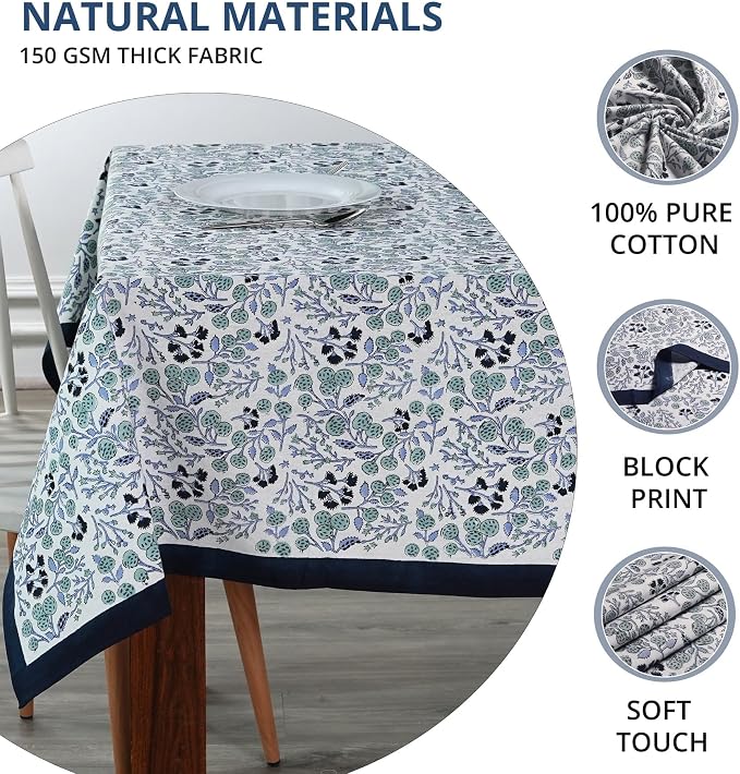 Ridhi Denim Blue Hand Block Print Cotton Rectangle Tablecloth 102" x 48" inches Reusable Table Cover Decorative Everyday Use for Dining Room, Farmhouse, Home Gift for Spring, Mother's Day