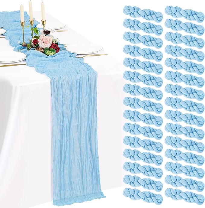 30 Pack Cheesecloth Table Runner 10FT Baby Blue Table Runner Light Blue Boho Gauze Cheese Cloth Table Runners Long Rustic Sheer Table Decorations for Wedding Party Baby Bridal Shower Birthday Holiday