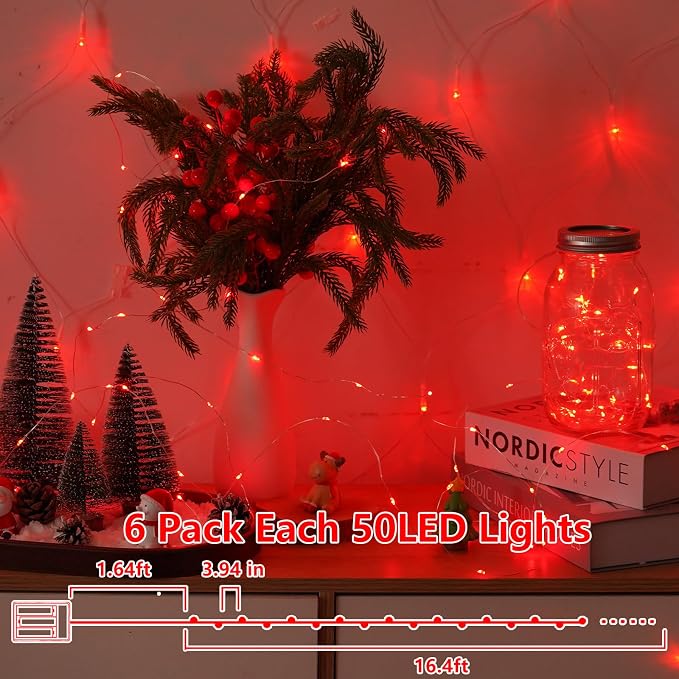 YEGUO Fairy Lights Battery Operated, 6 Packs Each 16ft 50 LED String Lights, Christmas MIni Lights Indoor for Bedroom Wedding Party Holiday Gift(Red)