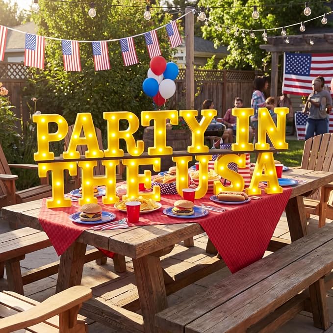 Honoson 13 Pcs 4th of July Decorations Party in The USA Lights up Signs 250th Patriotic Table Decor Set for Independence Day Veterans Patriotic Party Decorations
