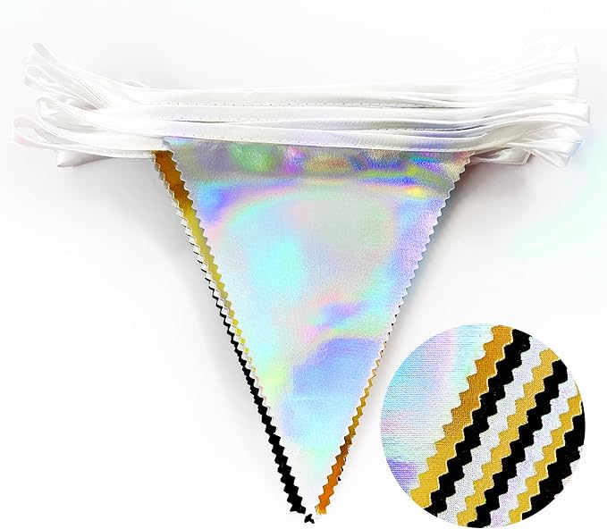 Black Gold Iridescent Party Decorations Triangle Pennant Banner Flag Metallic Fabric Bunting for Birthday Graduation Retirement Wedding Bridal Shower Engagement Bachelorette Disco Party Supplies