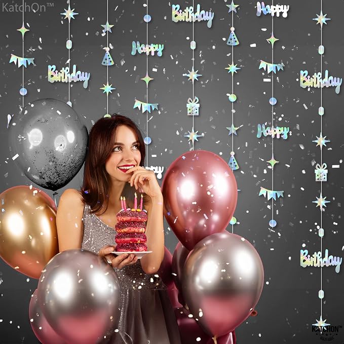 KatchOn, Iridescent Happy Birthday Circle Dot Twinkle Star Garland Kit - 6.5 Ft, Pack of 8 | Metallic Silver Hanging Garland for Happy Birthday Decorations | Disco Theme Party Decorations | No DIY