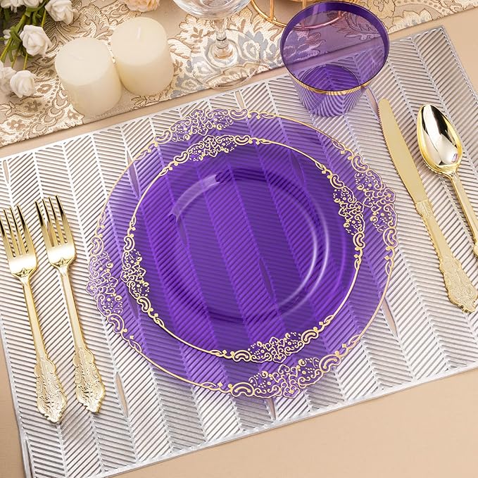 Bestluck 350PCS Clear Purple Plastic Plates for 50 Guests, Disposable Plates with Gold Trim include 50 Dinner Plates, 50 Dessert Plates, 150 Gold Silverware, 50 Cups, 50 Napkins for Party, Wedding