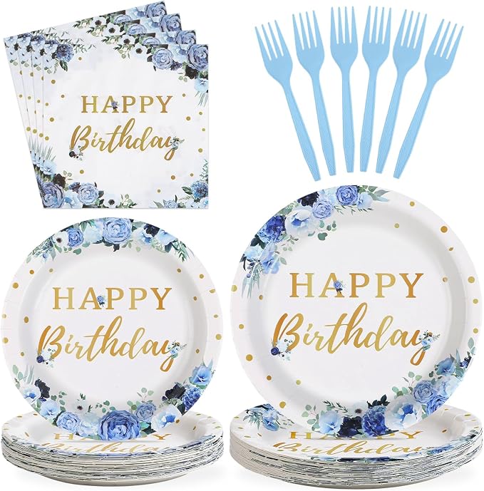 Grencian 96 Pcs Blue Flower Birthday Party Supplies Blue Floral Plates and Napkins Floral Themed Tableware Sets for Women Girls Birthday Party Decorations Serves 24