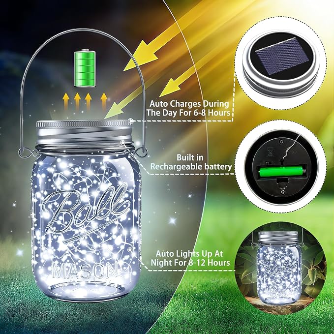 Mason Jar Solar Lights for Outside, 12 Pack 30LED Fairy Lights Mason Jar Solar Lids Outdoor Waterproof String Lights with Hangers(NO Jars) for Patio Garden Yard Lawn Decoration - Cool White