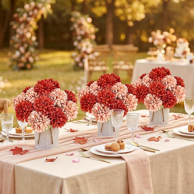 Pre-Made Flower Table Centerpieces, Set of 6 Artificial Silk Chrysanthemum with Metal Vases for Wedding, Birthday Parties, Home Decoration (Terracotta, Set of 6 Floral Arrangement)