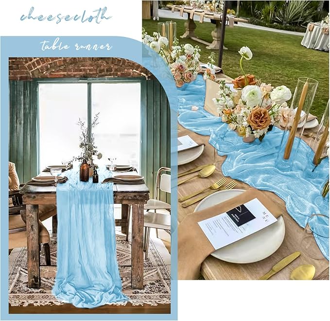 12 Pack 10Ft Baby Blue Cheesecloth Table Runner 35 x 120 inch Boho Gauze Cheese Cloth Table Runner Vintage Rustic Sheer Runners for Wedding Bridal Shower Birthday Party Cake Table Decorations