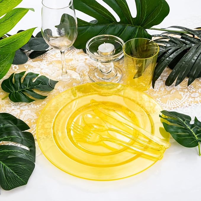 WDF 25 Guest Yellow Plastic Plates -50 Neon Clear Yellow Plates 25Forks, 25Knives,25 Spoons,25Cups for Summer