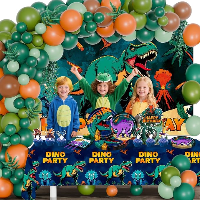 150Pcs Dinosaur Birthday Decorations Dinosaur Themed Party Decorations Set Includes Banner Backdrop Tablecloth Balloons Plates Forks Cake Toppers Cupcake Toppers