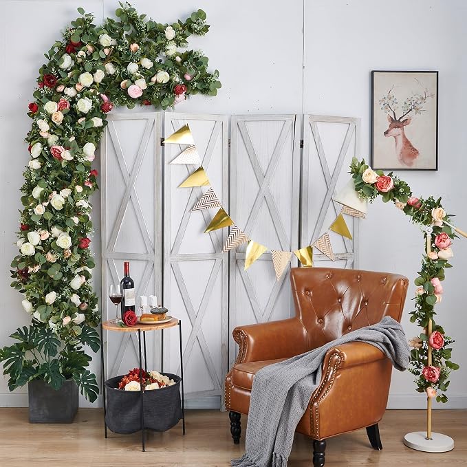 PONKING Flower Garland Artificial Rose Vine Flowers Hanging Fake Roses Vines for Wedding Birthday Party Valentines Christmas Room Wall Arch Decor, 2 Pink & 1 Red Floral Garland Decorations