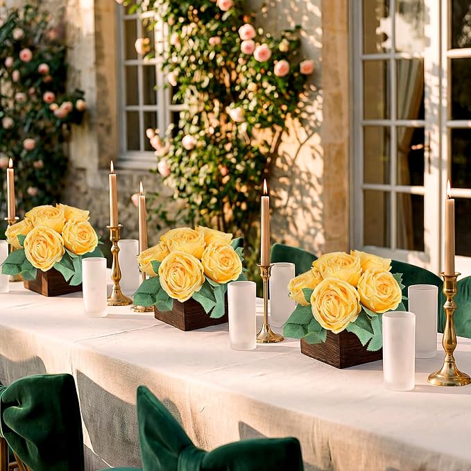 Dining Table Centerpiece Set of 6 - Pre-Made Aritifial Rose with Wooden Vase Fake Floral Arrangment Faux Flower for Wedding Bridal Tea Party Event Decorations - Dark Yellow