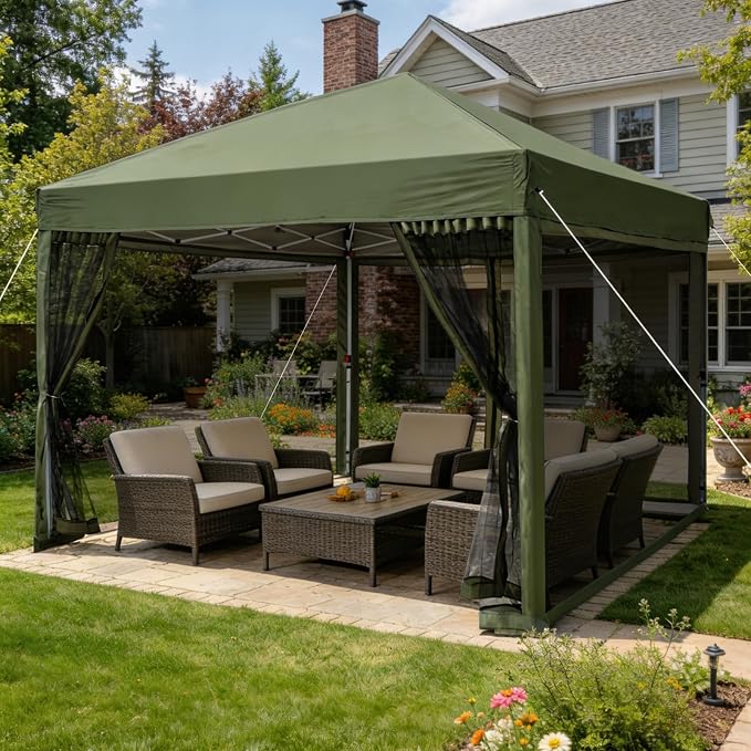 10x10 Pop Up Canopy Tent with Mosquito Netting, Ez Up Portable Waterproof Instant Outdoor Screen Shelter, Pop Up Tent for Patio, Backyard, Parties, Camping and Events, Army Green