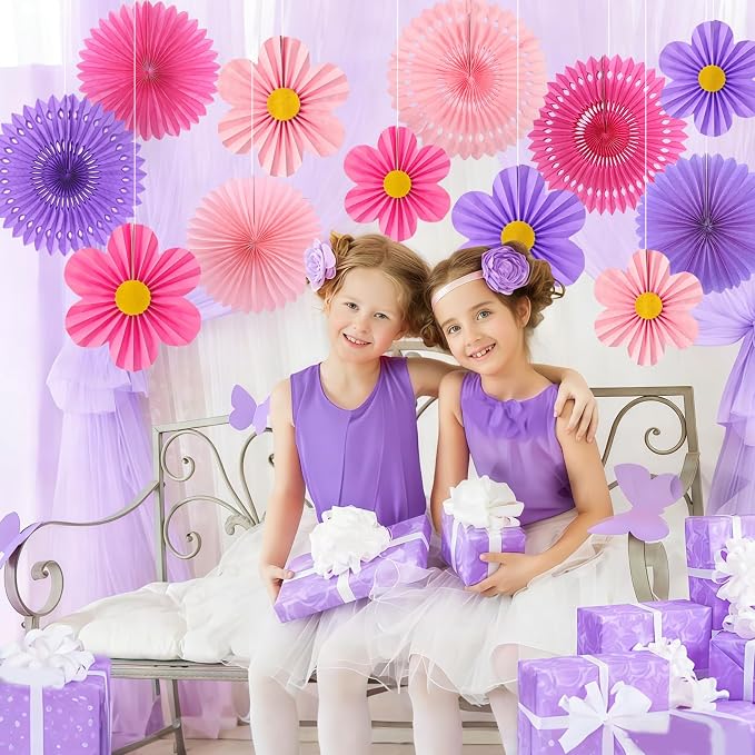 Pink Purple Party Decorations, 12PCS Hanging Paper Fans Flower Wall Backdrop for Wedding, Birthday, Baby Shower, Bridal Shower, Nursery, Indoor Outdoor Classroom Decor