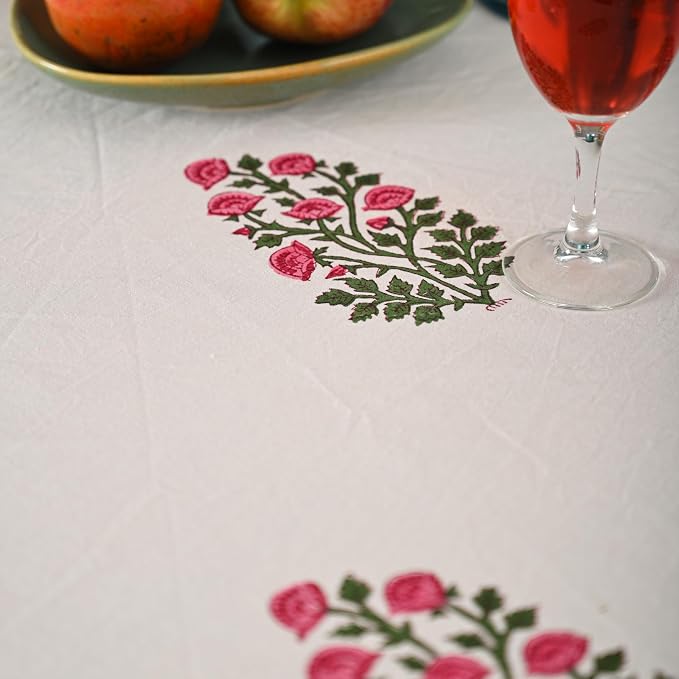Hand Block Printed Tablecloth, Colorful Floral Print, Indian Artisan Handmade Art, Dining Room, Kitchen, Outdoor Décor, (Soft Petal Glow, 10 Seater 72 x 118 Inches Rectangle)