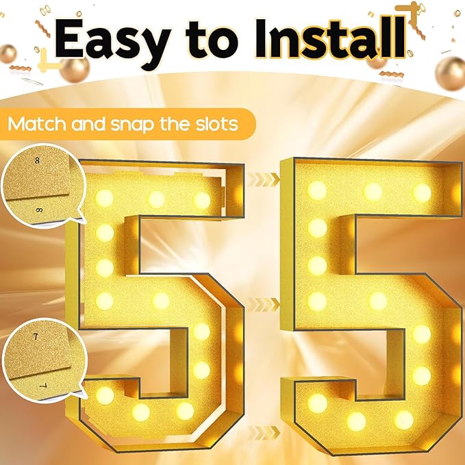 4FT Large Light Up Numbers 5, Gold Number 5 Marquee Frame Marquee Mosaic Numbers for 5th Birthday, Giant Light Up Number 4 Feet Tall DIY Frame Pre-Cut Foam Board Kit for Graduation Anniversary Party