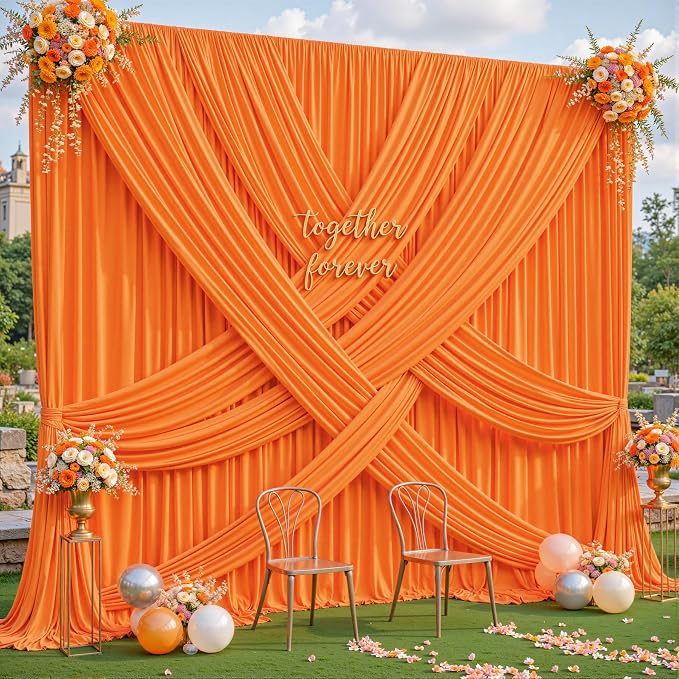 4 Panels Orange Backdrop Curtains - Wrinkle Free Fabric Backdrop Curtain for Photoshoot, 10FT Wedding Party Photo Backdrop Drapes for Birthday Baby Shower Photography Stage Background Decorations