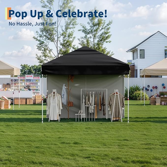 GarveeLife Pop Up Canopy Tent with 4Pcs Sidewalls, Portable Instant Commercial Canopy with 4 Stakes, 4 Ropes, 4 Sandbags for Farmers' Market, Patio, Outdoor, Camping, Black