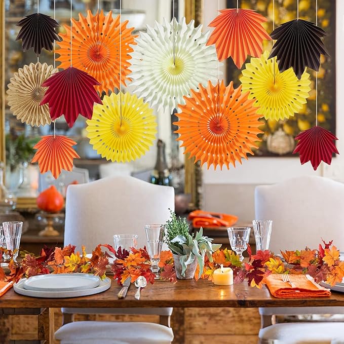 12 PCS Fall Party Decorations Maple Leaves Paper Fans Orange Hanging Paper Fans Paper Flowers Decorations for Wall for Autumn Thanksgiving Birthday Baby Shower Rustic Wedding Decorations, 14001-1215