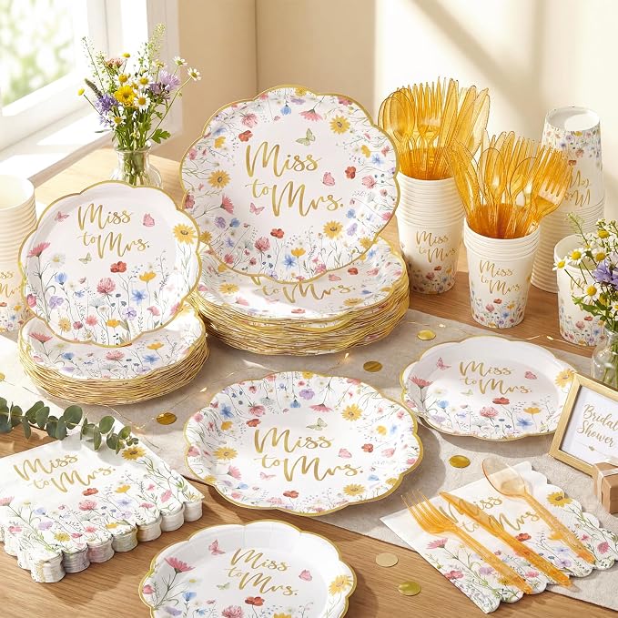 Funnymoom 400 Pcs Wildflower Bridal Shower Party Supplies for 50 Guests Floral Miss to Mrs Paper Plates and Napkins Knives Spoon Fork Cup Disposable Dinner for Women Wedding Engagement Party Favor