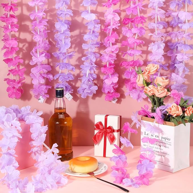 Sherr 48 Pcs LED Hawaiian Leis Light up Flower Leis Necklace with LED Lights Luau Flowers Necklaces for Masquerade Beach Wedding Tropical Themed Party Supplies(Various Purples)