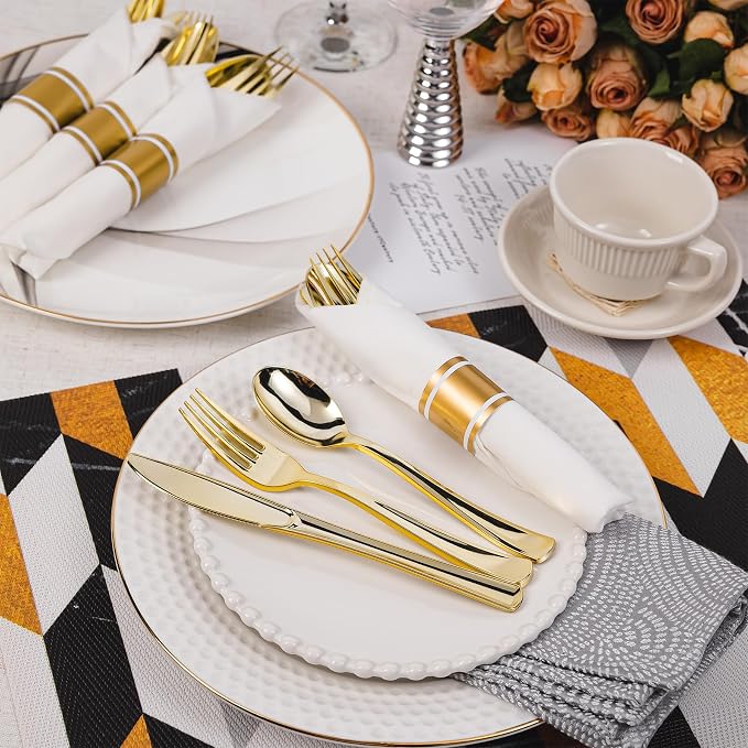 N9R 120 Pack Pre Rolled Gold Plastic Silverware Set, Wrapped Plastic Silverware Set with 120 Forks, 120 Knives, 120 Spoons and 120 Napkins, Disposable Cutlery Set for Party and Wedding